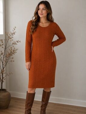 Roolee Rust Orange Cable Knit Sweater Dress Long Sleeve | Small